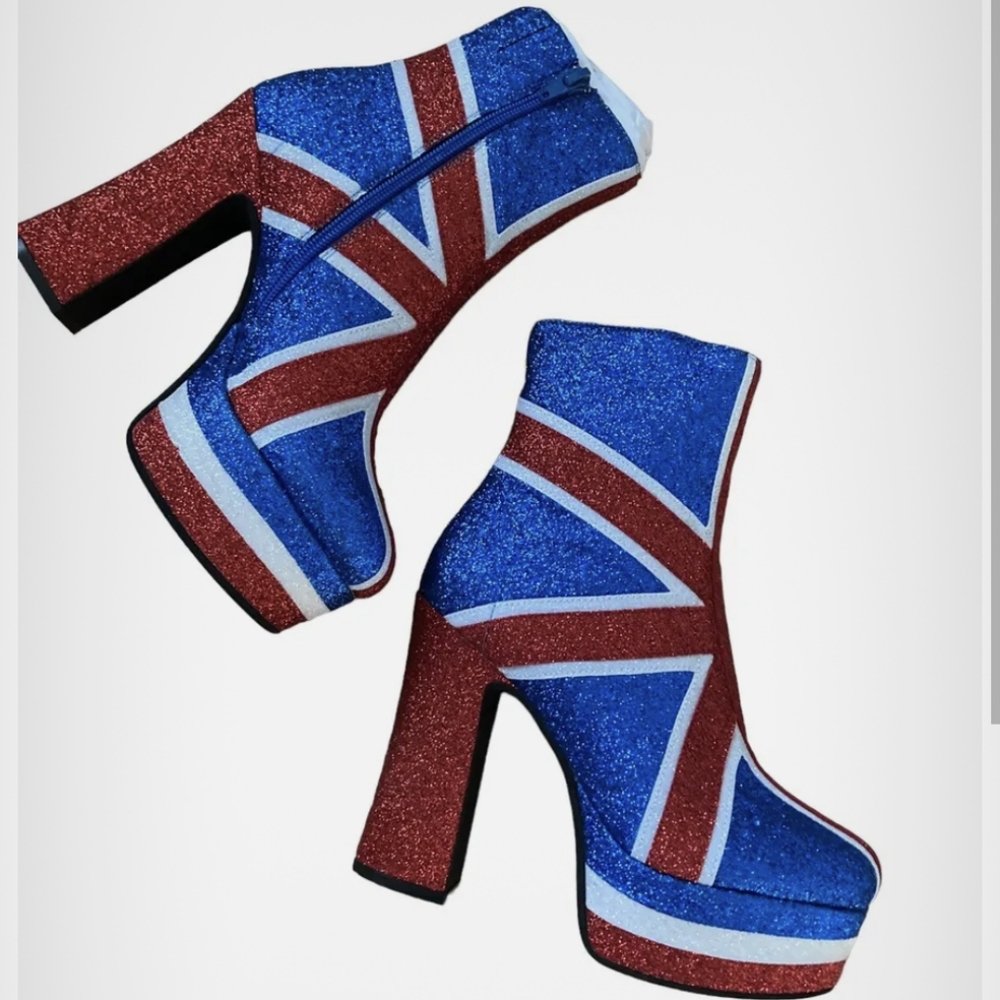 Jeffrey Campbell Spice it glitter union jack booties. Size 5 spice girls ginger